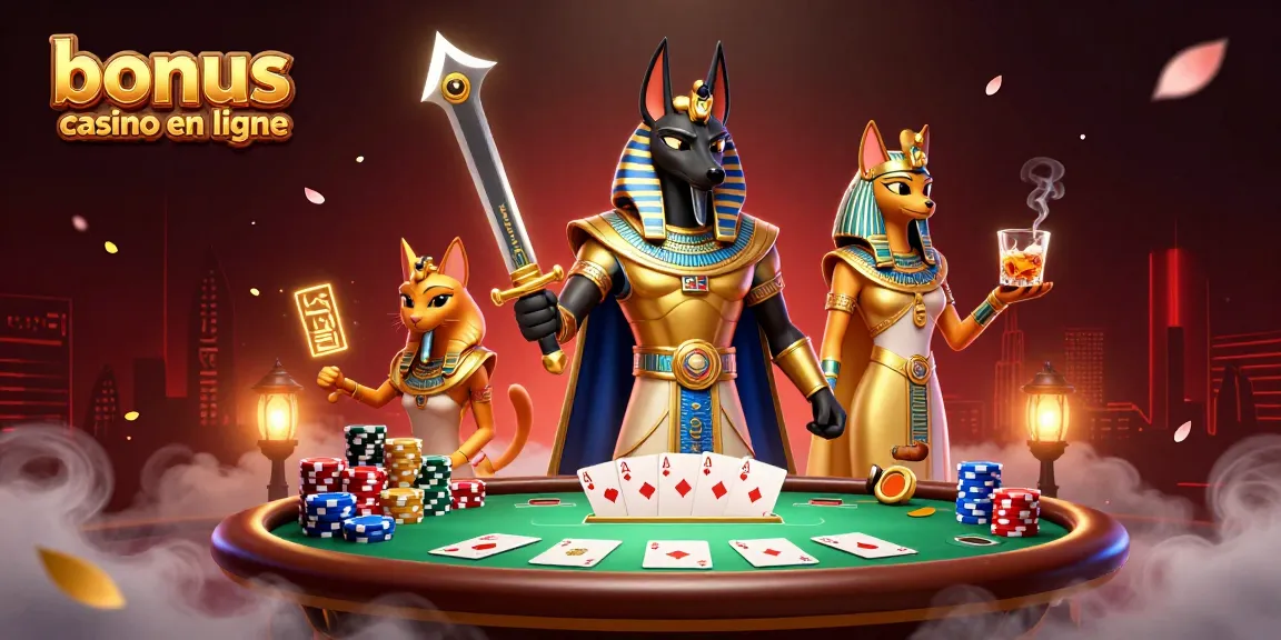 Plongez dans l'univers des bonus de casino en ligne à travers une scène dynamique avec Anubis et Bastet.