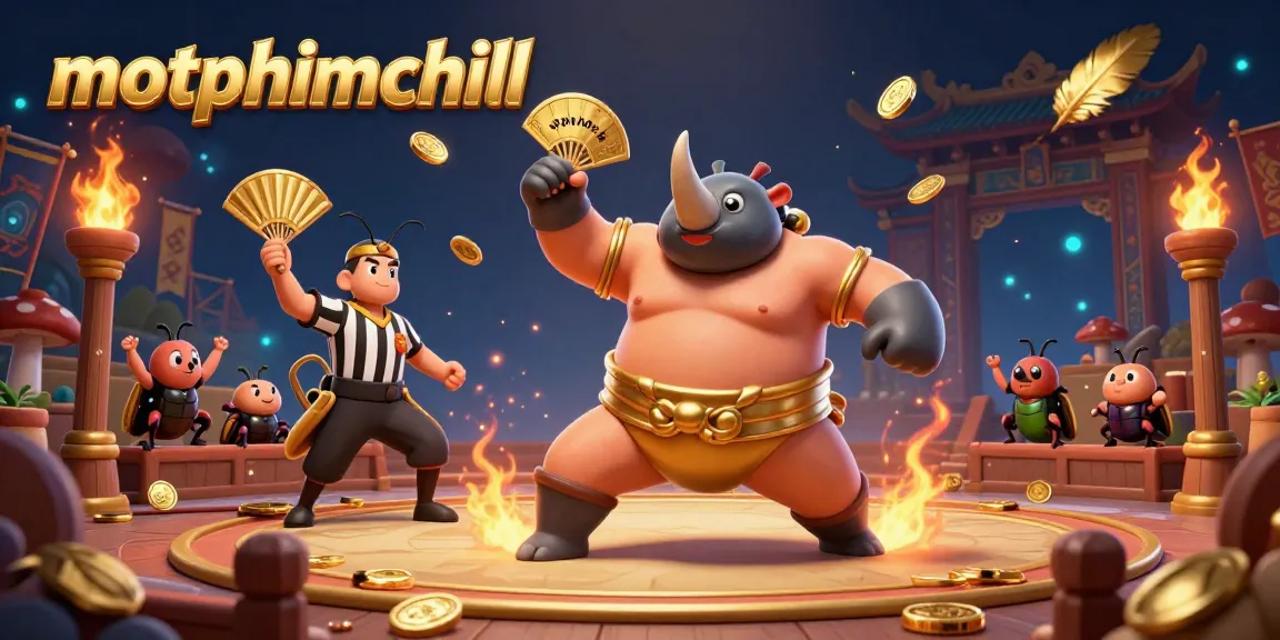 Witness the thrilling stomp of the motphimchill beetle champion in an exciting gambling arena, showering gold coins.
