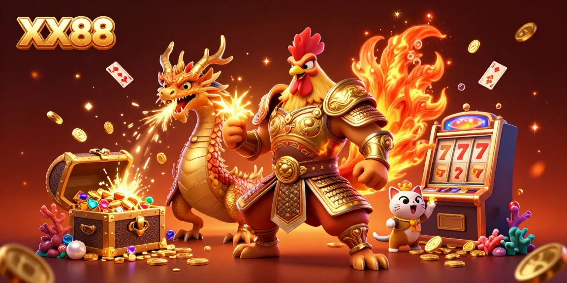 Join the excitement at XX88 with vibrant characters amid a treasure-filled gaming scene.
