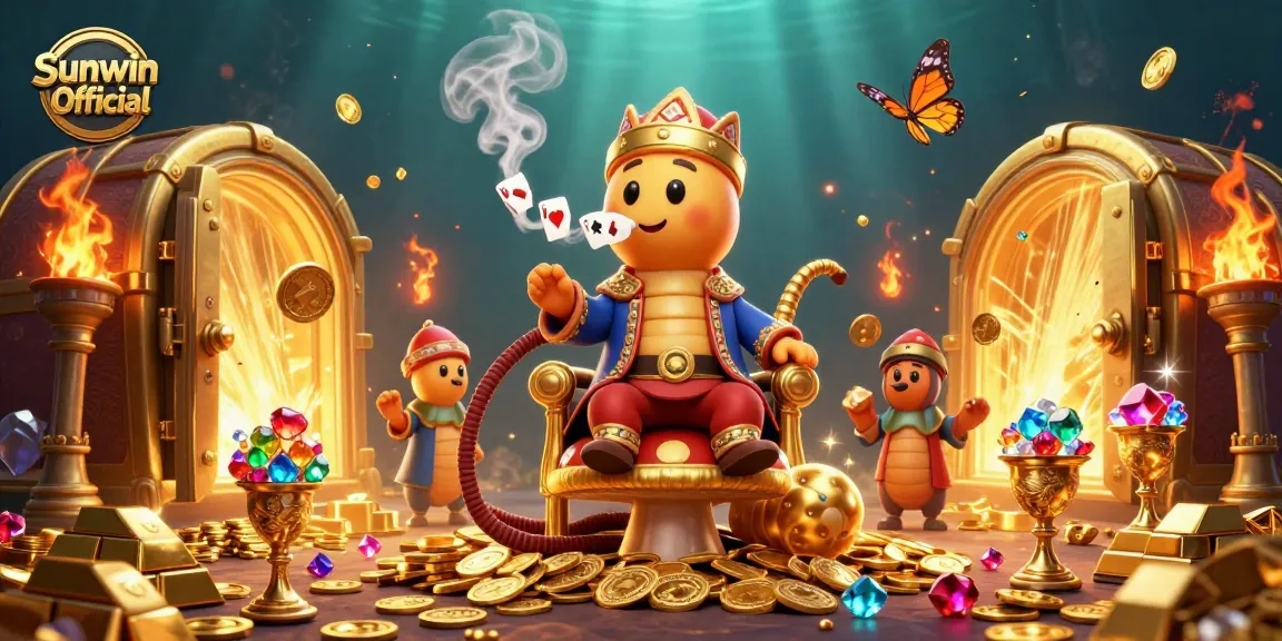 Experience the thrill at Sunwin Official with a vibrant 3D casino scene featuring captivating games and treasures.