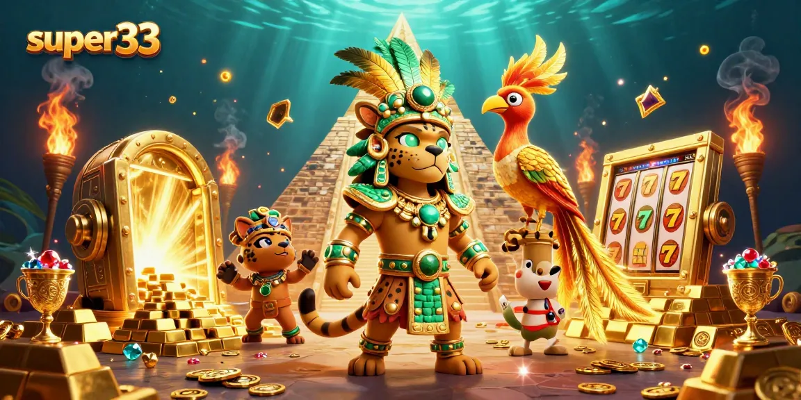 Experience super33 gaming excitement with vibrant Mayan characters amidst golden treasures.